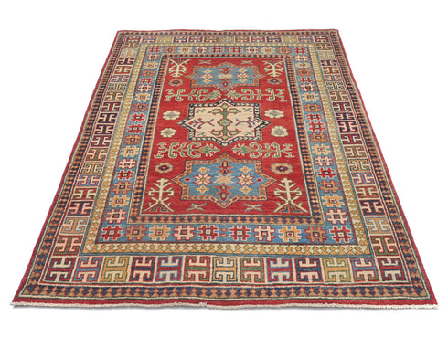 4x6 Red Kuba Afghan Hand Knotted Wool Area Rug